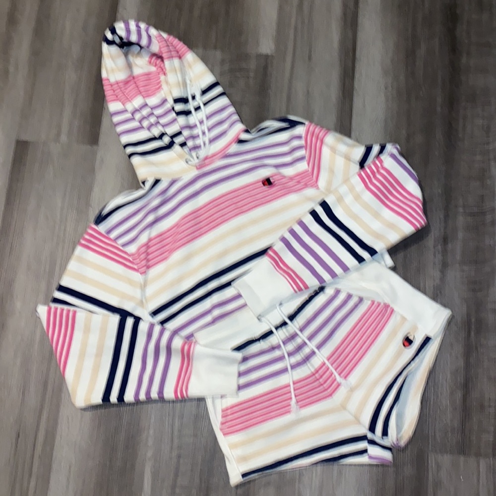 Champion Striped Crop Hoodie / Shorts Athleisure Set